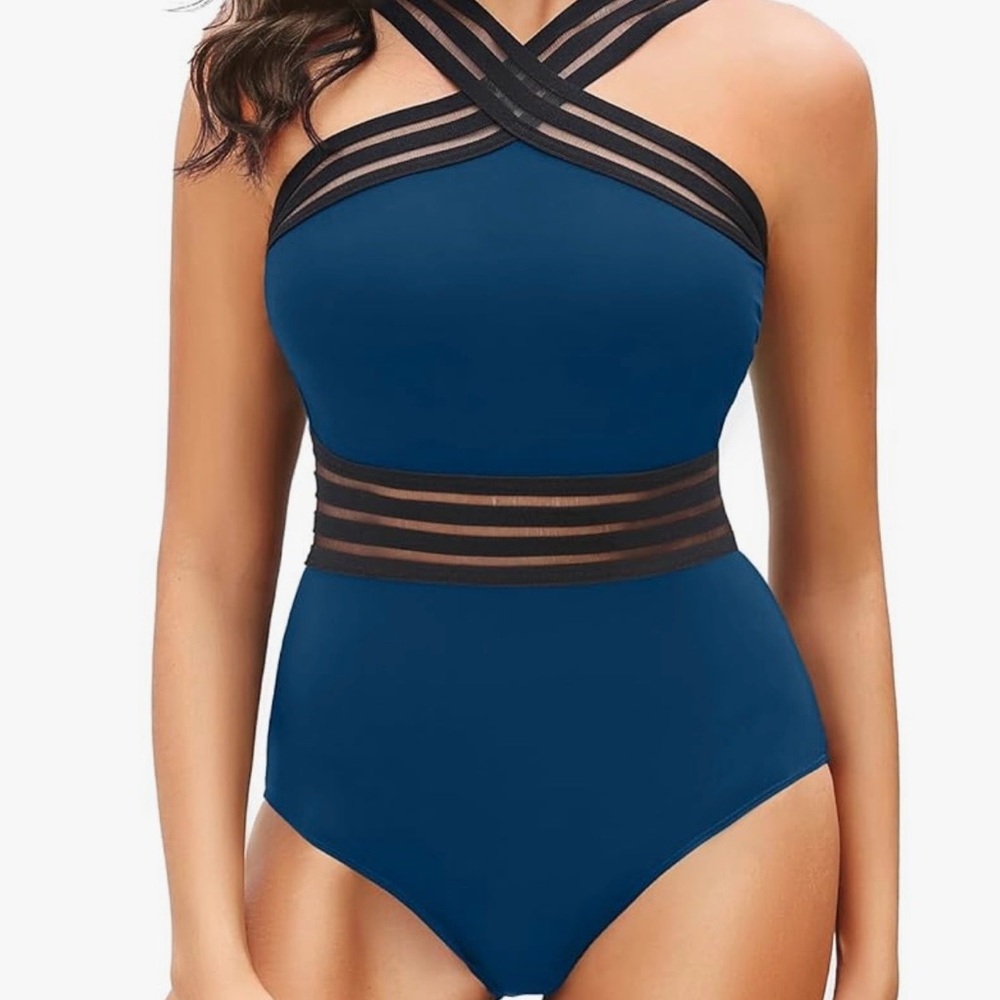 Elegant Blue and Black Women's One-Piece Swimsuit